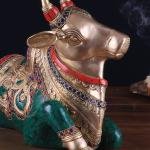 Brass Sitting Nandi Right Leg Raised Stonework - Sacred Bull Temple Art | Jaipurio
